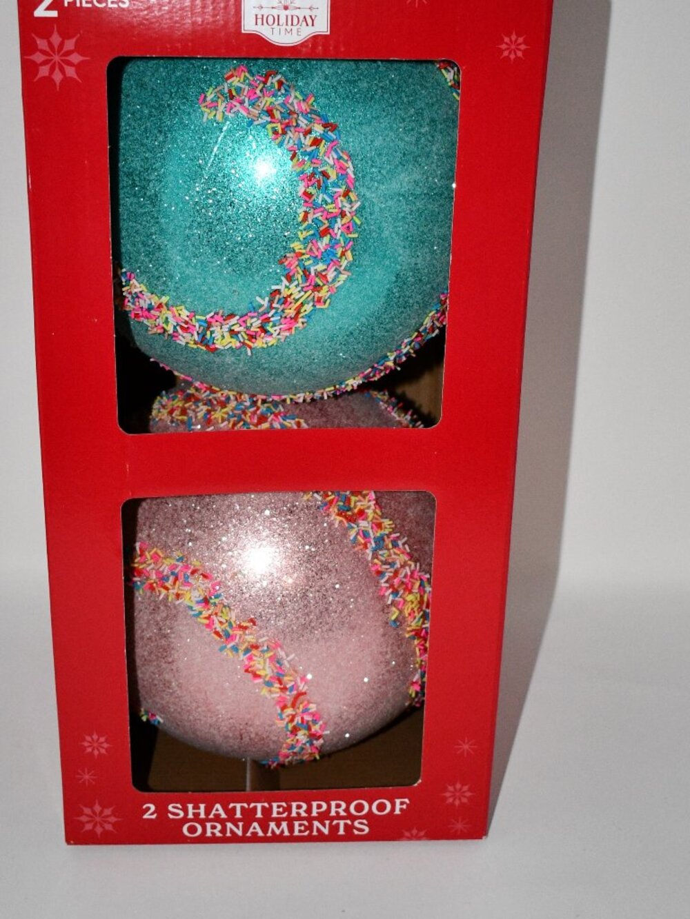 Holiday Time 2 Shatterproof Round Christmas Ornaments 7.5" Blue Pink